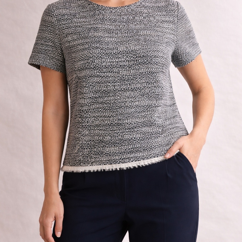 Brooks Brothers Navy White Tweed Fringe Top Size 14 Workwear Chic